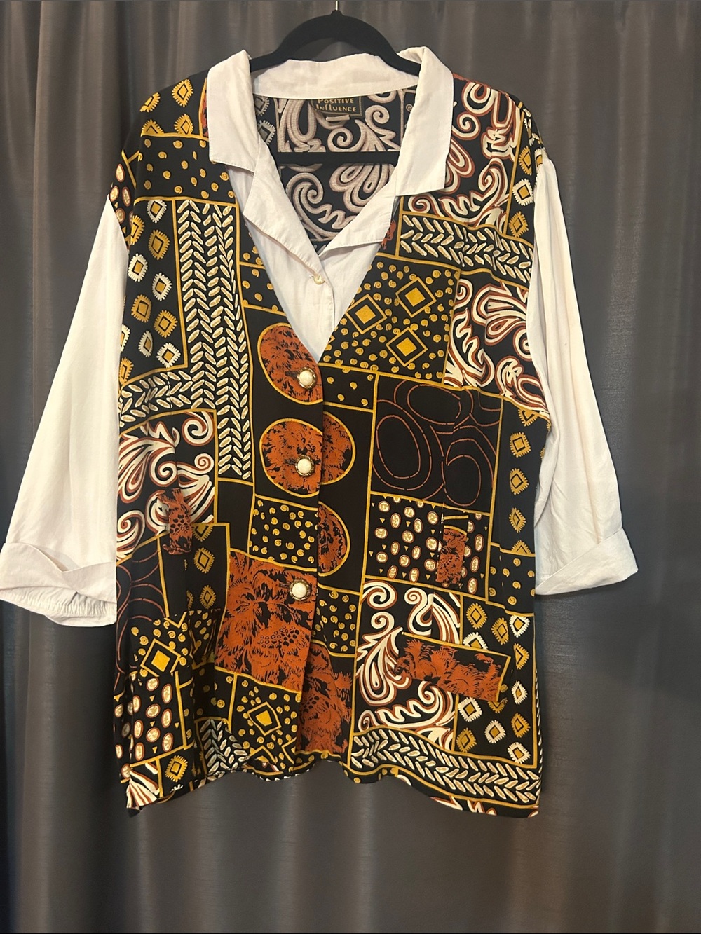 Patchwork V-Neck Tunic with White Sleeves - Black, Rust & Gold